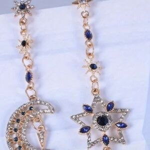 Luxury Asymmetrical Star and Moon Dangle earrings-Stainless Steel Zirconia